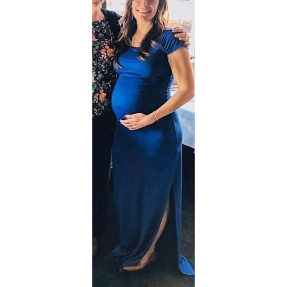 Maternity Short Sleeve Ruched Side Bodycon Dress with Side Slit Royal Bl… - Picture 5 of 5